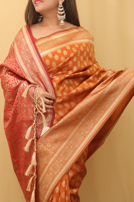 Orange Banarasi Cotton Silk Saree - divyaindia 