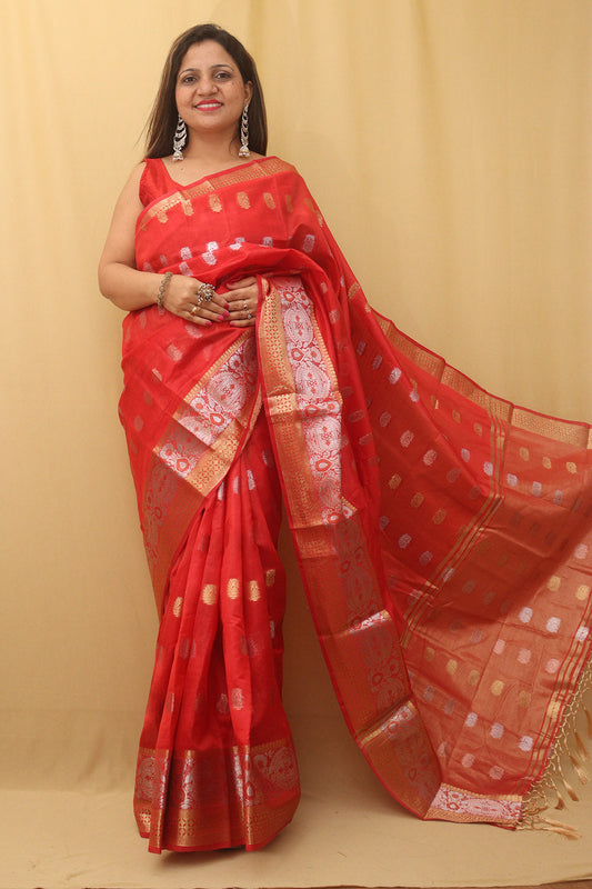 Red Banarasi Cotton Silk Saree - divyaindia 