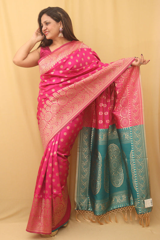 Pink Banarasi Cotton Silk Saree - divyaindia 
