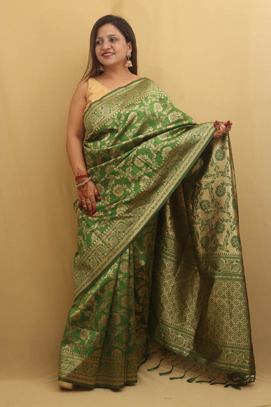 Stunning Green Banarasi Cotton Silk Saree