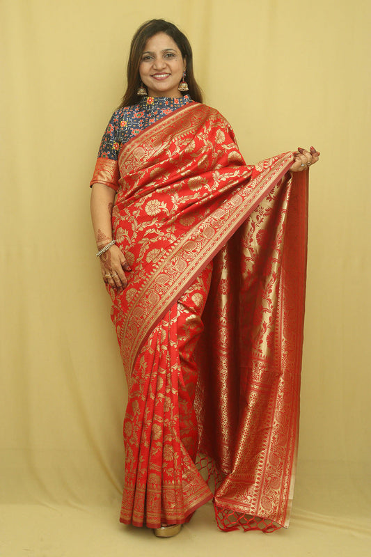 Stunning Red Banarasi Cotton Silk Saree - Elegant and Timeless