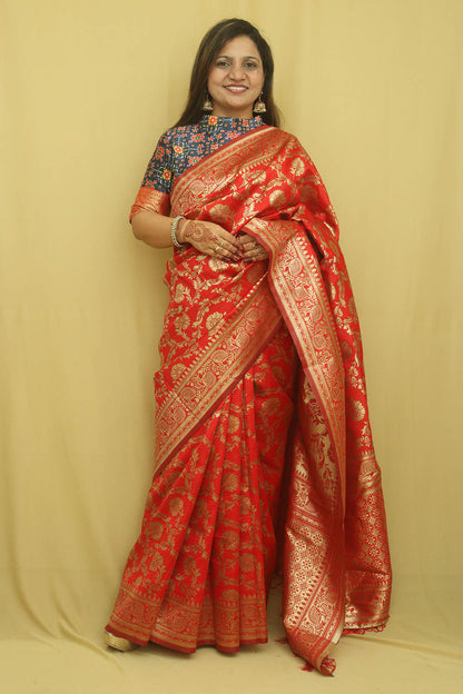 Stunning Red Banarasi Cotton Silk Saree - Elegant and Timeless