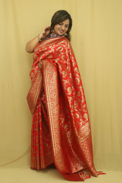 Stunning Red Banarasi Cotton Silk Saree - Elegant and Timeless