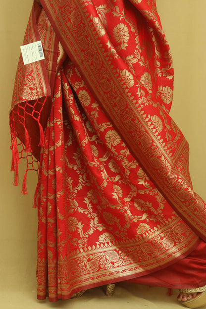 Stunning Red Banarasi Cotton Silk Saree - Elegant and Timeless