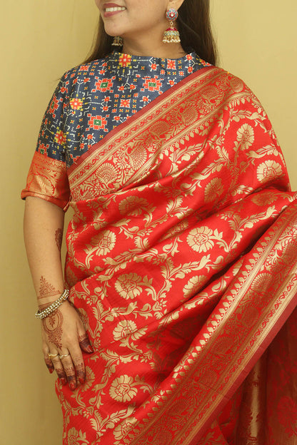 Stunning Red Banarasi Cotton Silk Saree - Elegant and Timeless