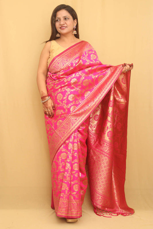 Stunning Pink Banarasi Cotton Silk Saree