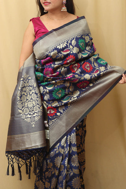 Elegant Royal Blue Banarasi Silk Saree with Meenakari