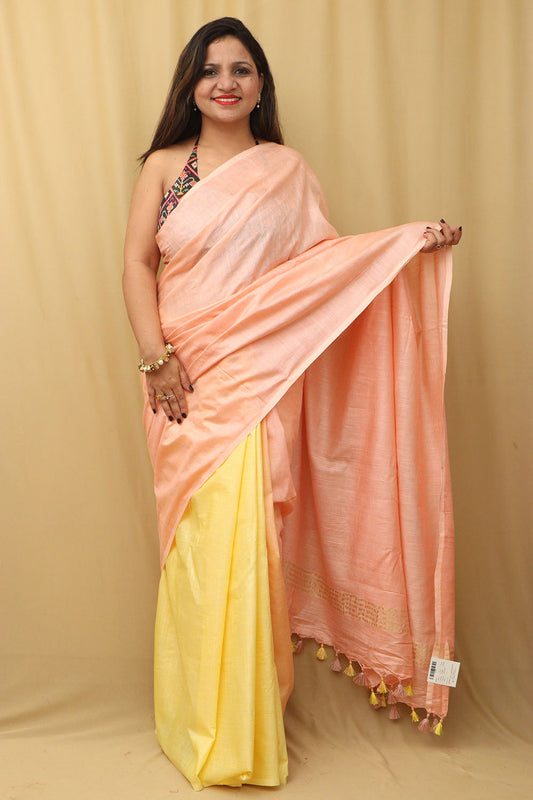 Peach & Yellow Bhagalpur Linen Cotton Saree