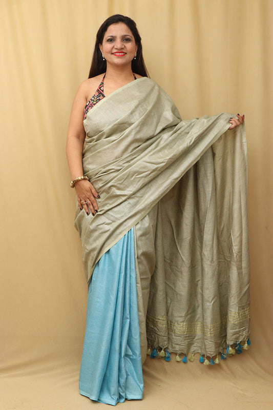 Elegant Grey & Blue Linen Saree from Bhagalpur