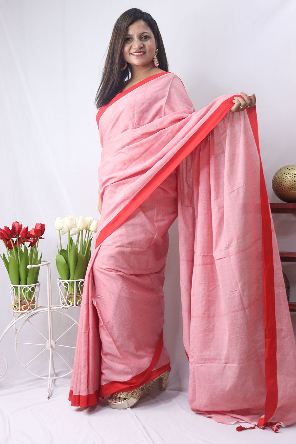 Pink Bengal Plain Cotton Saree - Elegant and Comfortable - divyaindia 