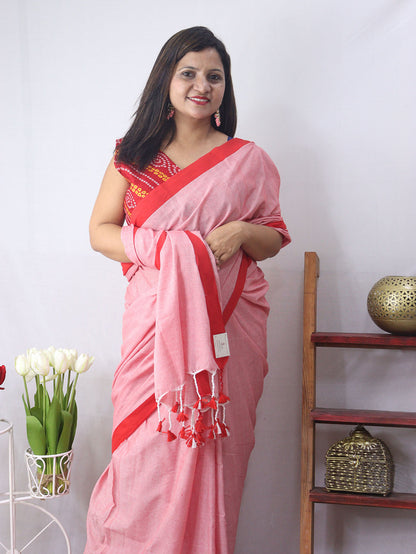 Pink Bengal Plain Cotton Saree - Elegant and Comfortable - divyaindia 