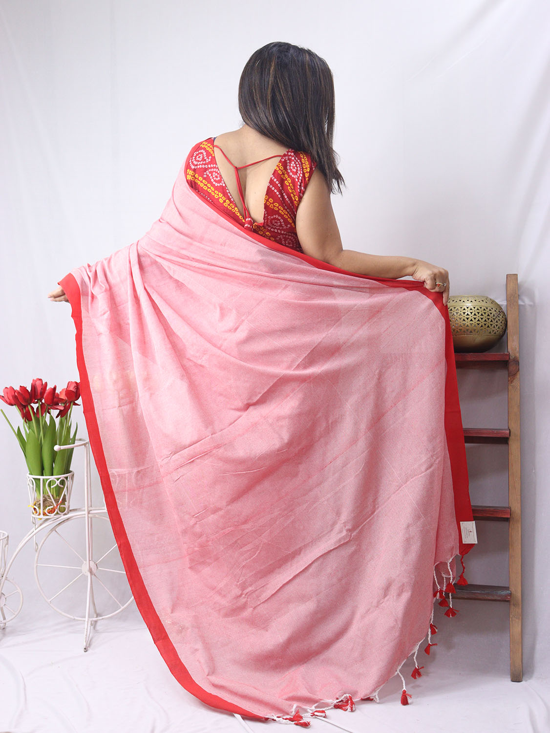 Pink Bengal Plain Cotton Saree - Elegant and Comfortable - divyaindia 