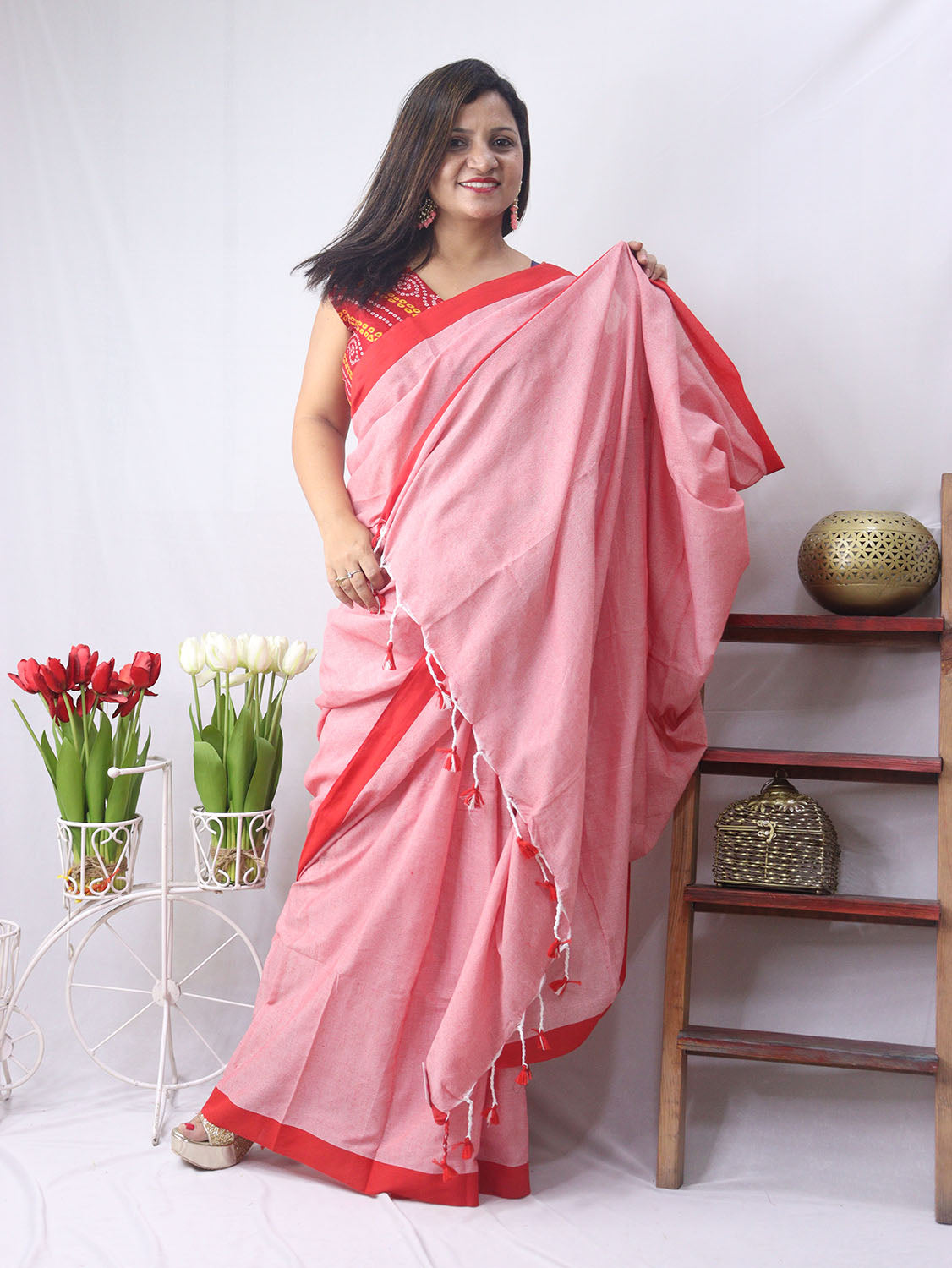 Pink Bengal Plain Cotton Saree - Elegant and Comfortable - divyaindia 