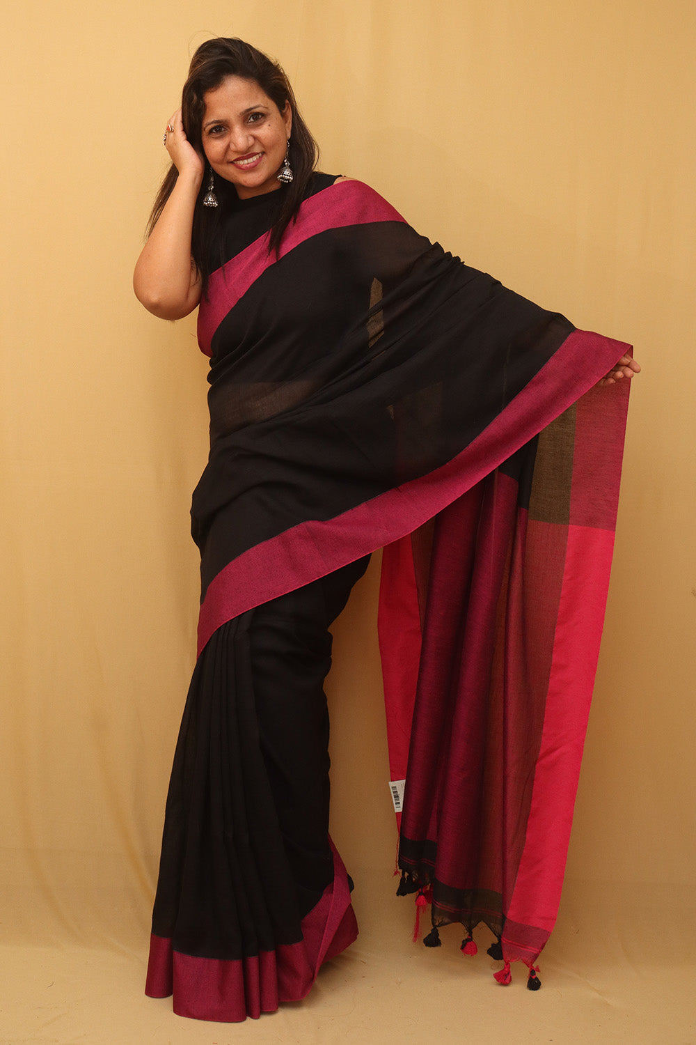 Black Bengal Plain Cotton Saree - divyaindia 