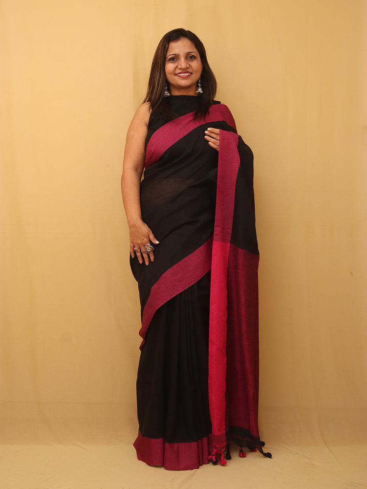 Black Bengal Plain Cotton Saree - divyaindia 