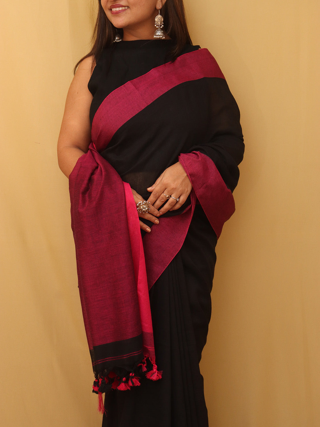 Black Bengal Plain Cotton Saree - divyaindia 