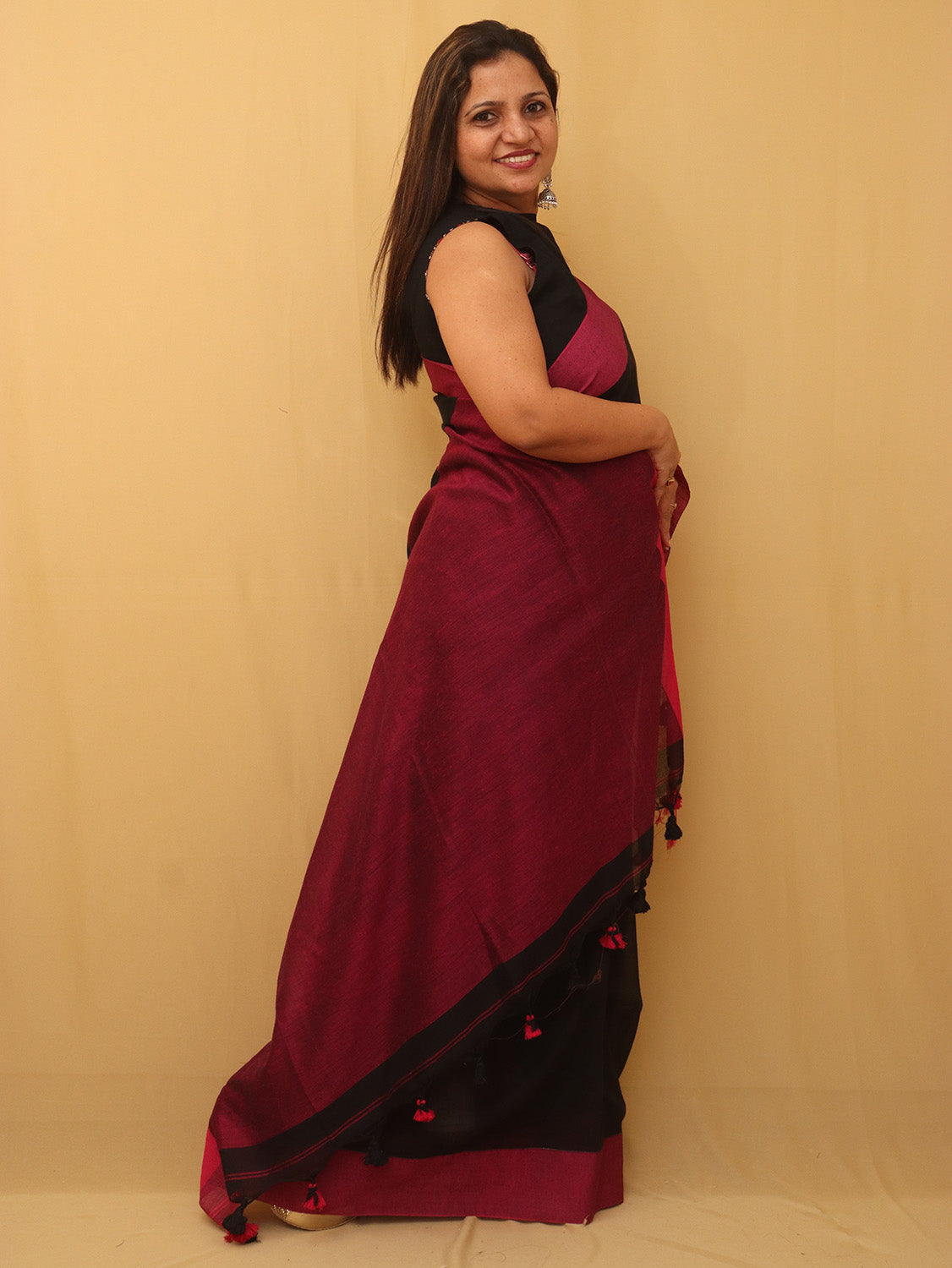 Black Bengal Plain Cotton Saree - divyaindia 