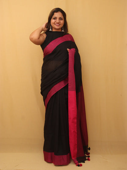 Black Bengal Plain Cotton Saree - divyaindia 