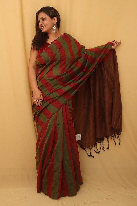 Red And Green Bengal Cotton Stripe Design Saree - divyaindia 