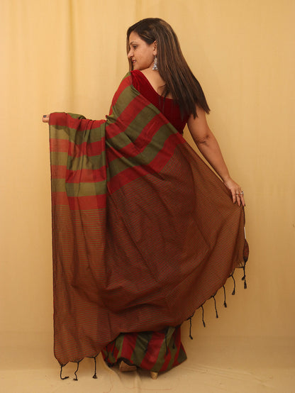 Red And Green Bengal Cotton Stripe Design Saree - divyaindia 