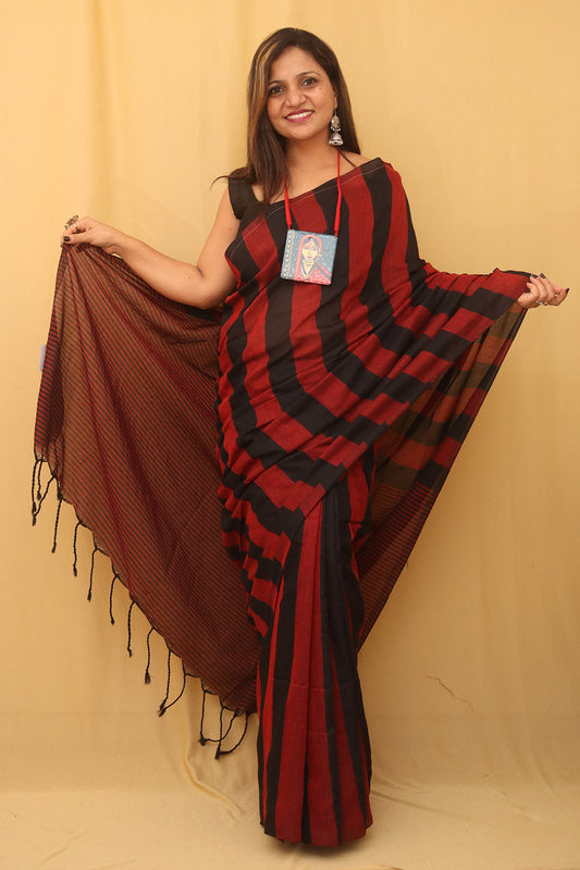 Red And Black Bengal Cotton Stripe Design Saree - divyaindia 