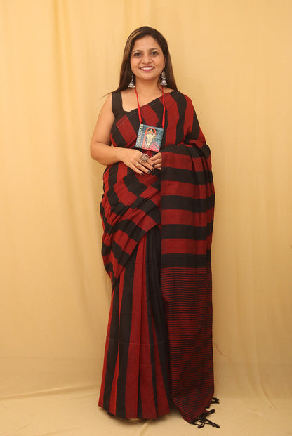 Red And Black Bengal Cotton Stripe Design Saree - divyaindia 