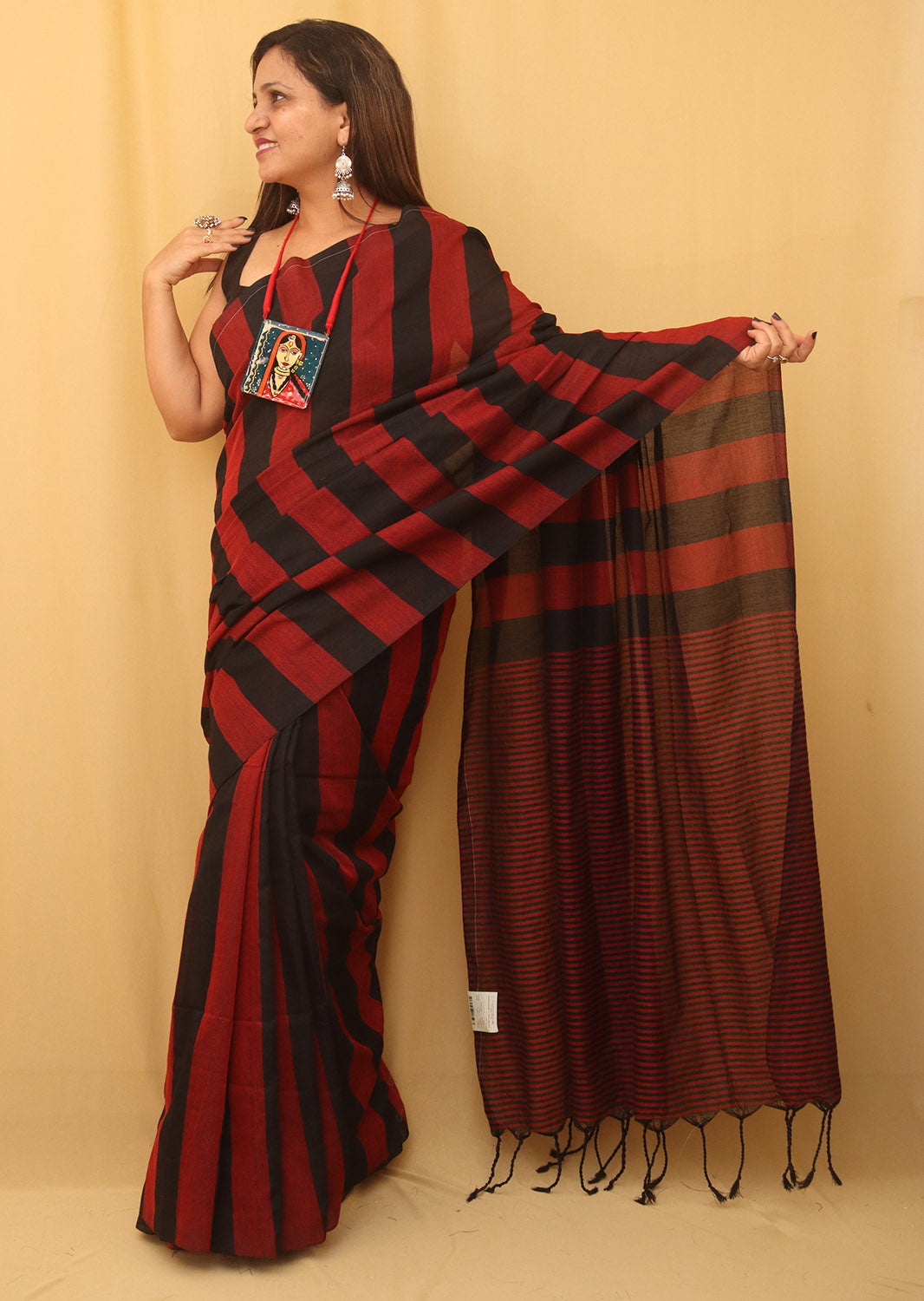 Red And Black Bengal Cotton Stripe Design Saree - divyaindia 