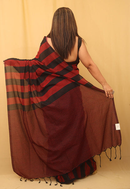 Red And Black Bengal Cotton Stripe Design Saree - divyaindia 