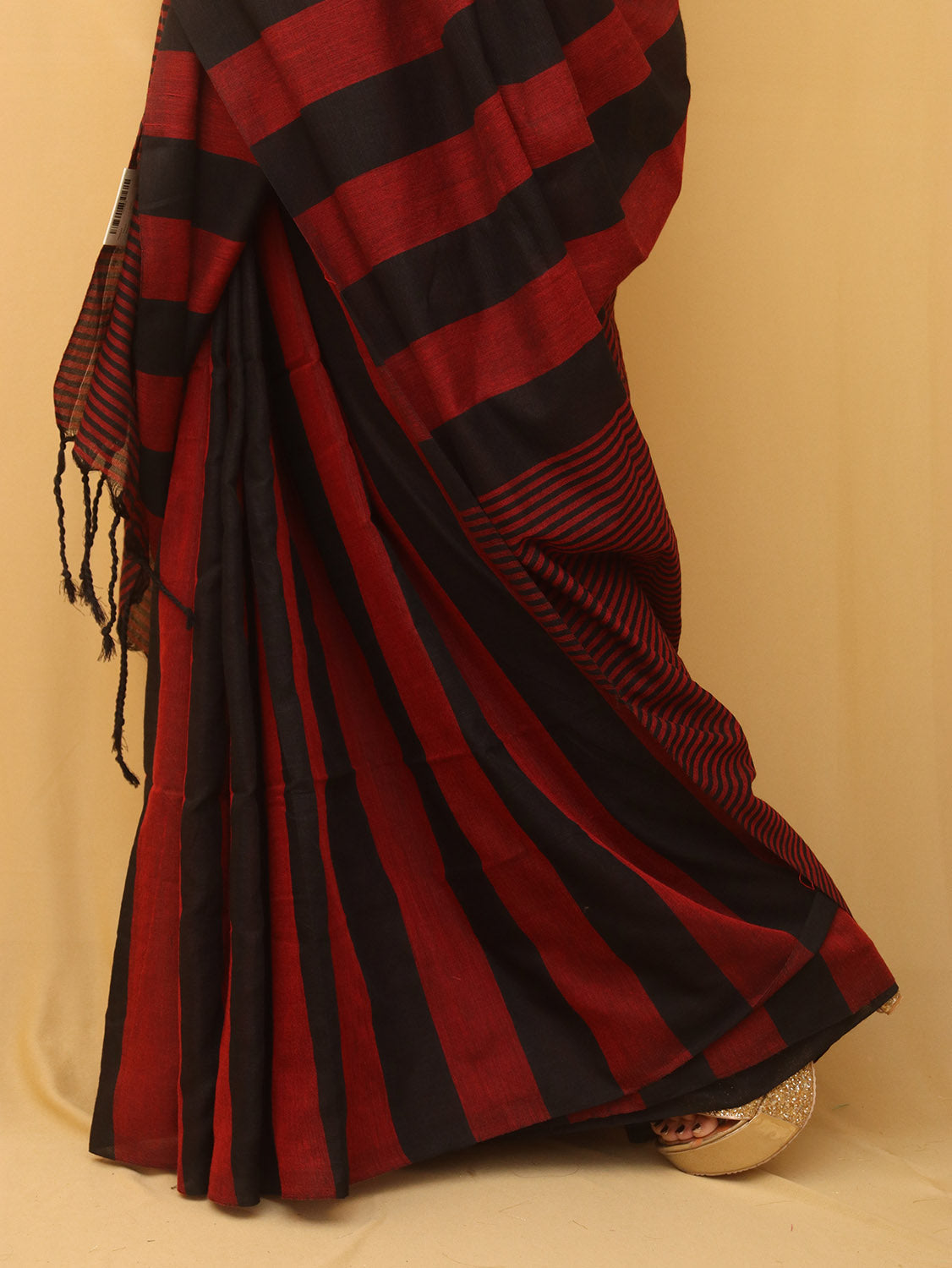 Red And Black Bengal Cotton Stripe Design Saree - divyaindia 