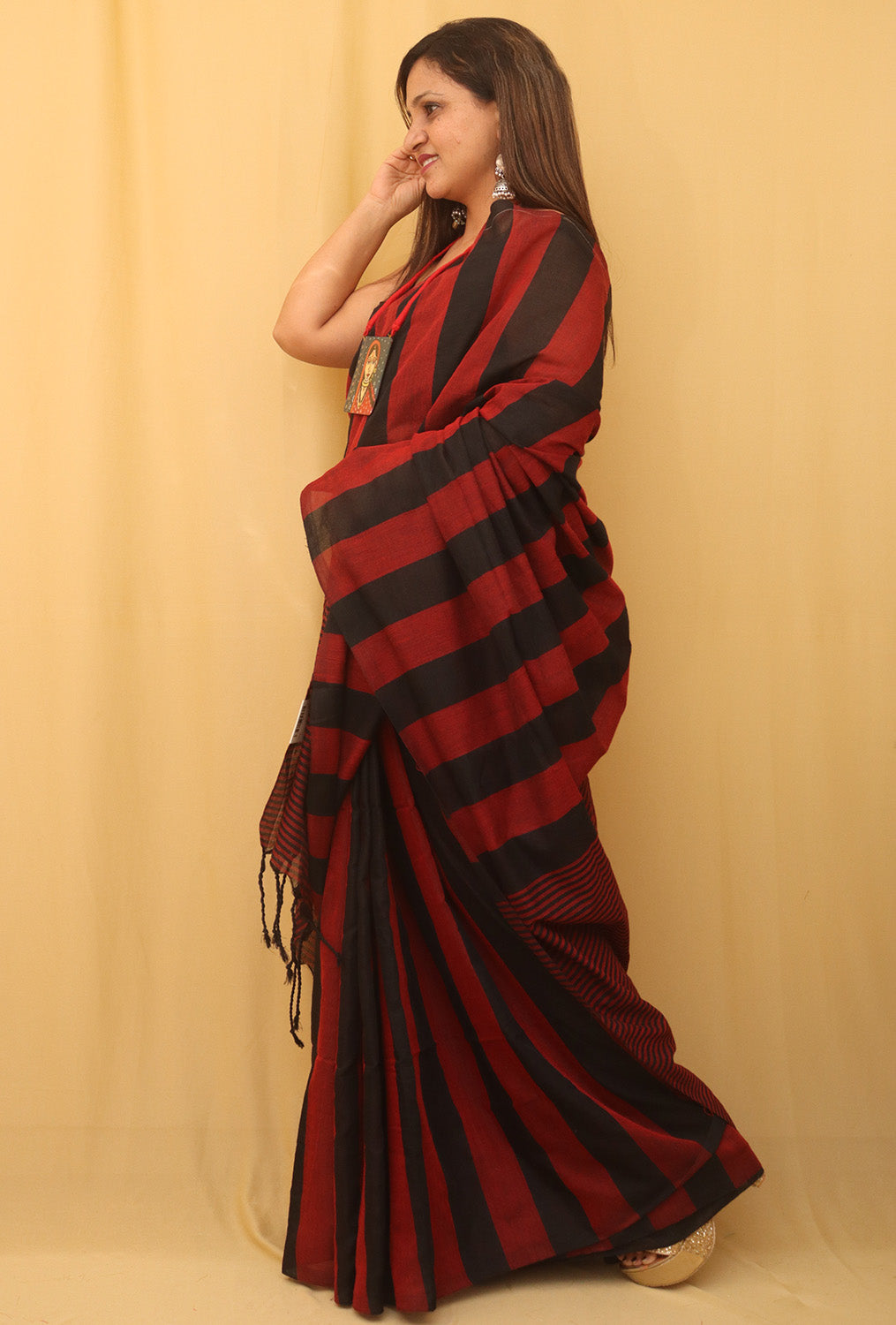 Red And Black Bengal Cotton Stripe Design Saree - divyaindia 