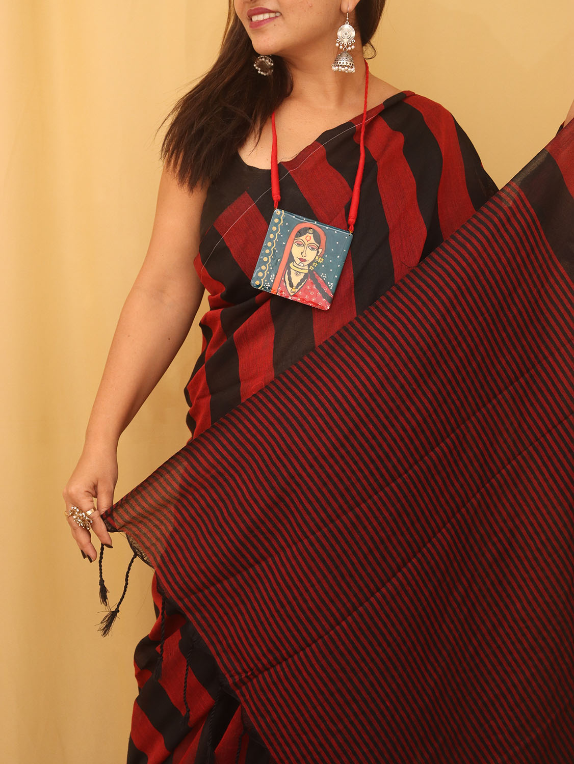 Red And Black Bengal Cotton Stripe Design Saree - divyaindia 