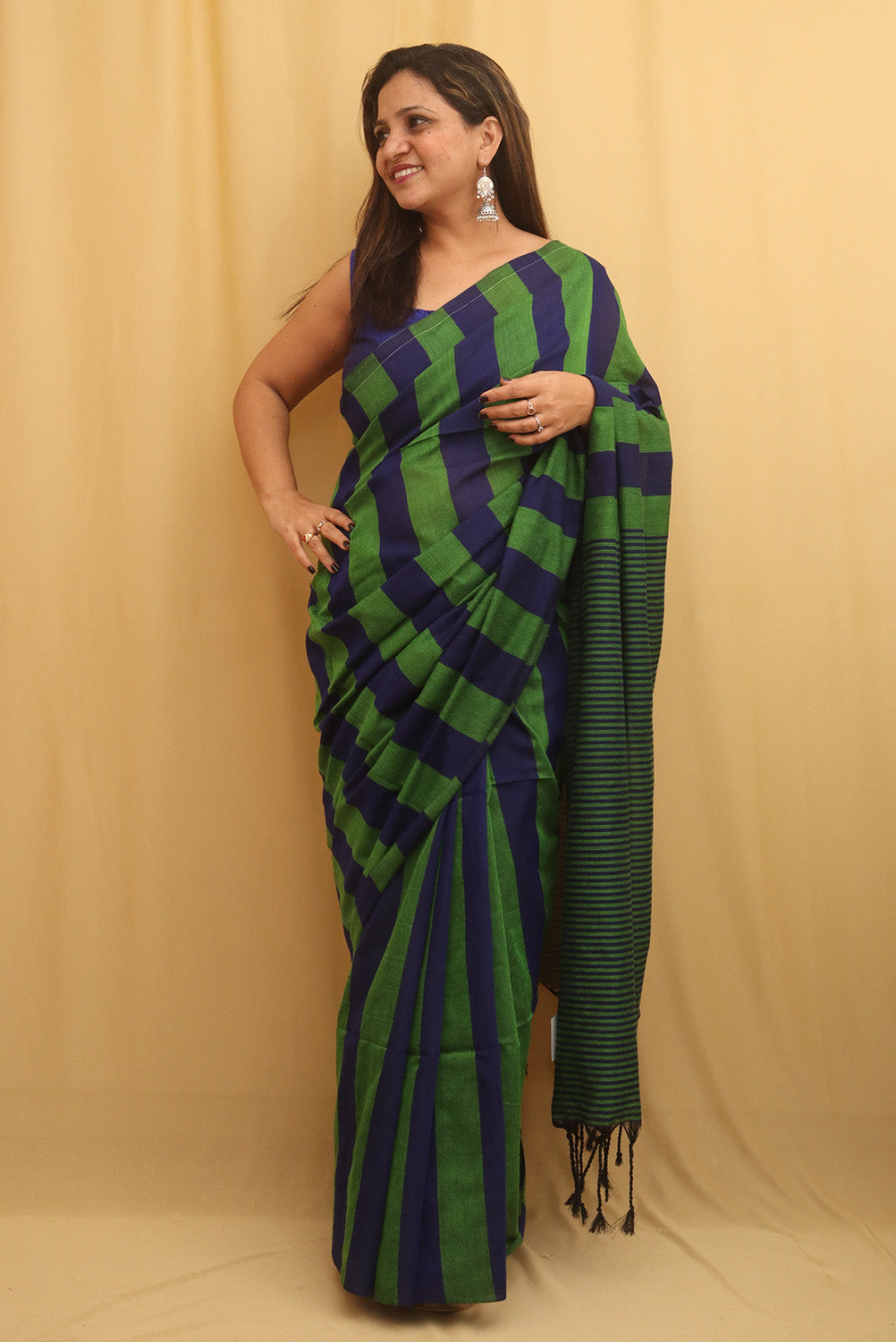 Green And Blue Bengal Cotton Stripe Design Saree - divyaindia 