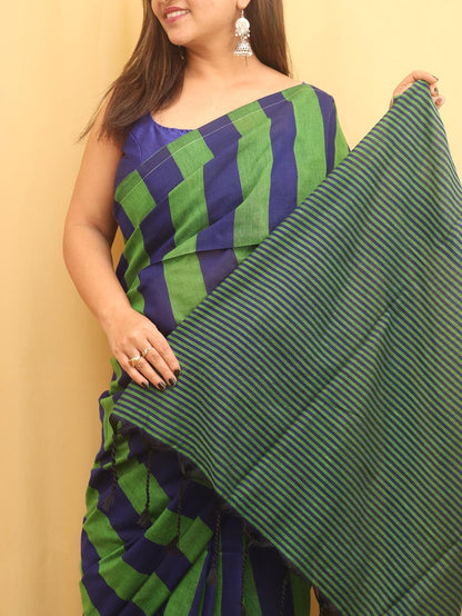 Green And Blue Bengal Cotton Stripe Design Saree - divyaindia 