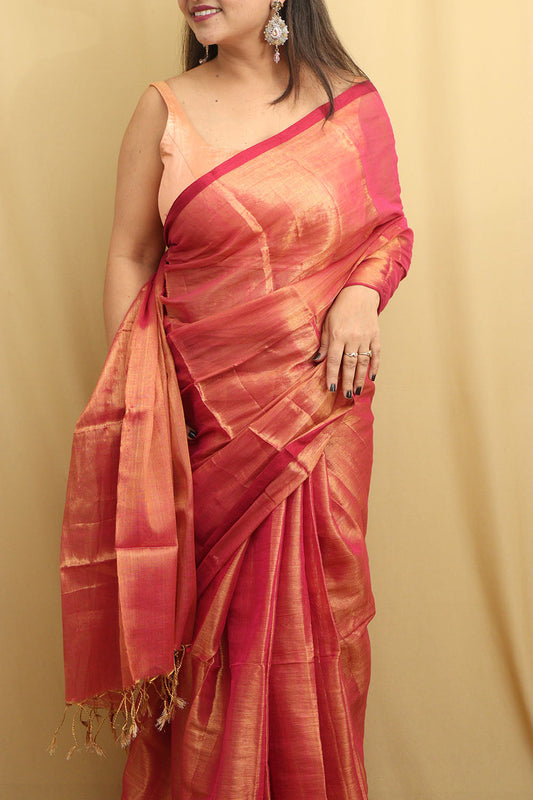 Exquisite Pink Bengal Tissue Cotton Saree