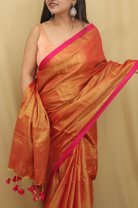 Golden Bengal Plain Cotton Saree - Elegant & Timeless
