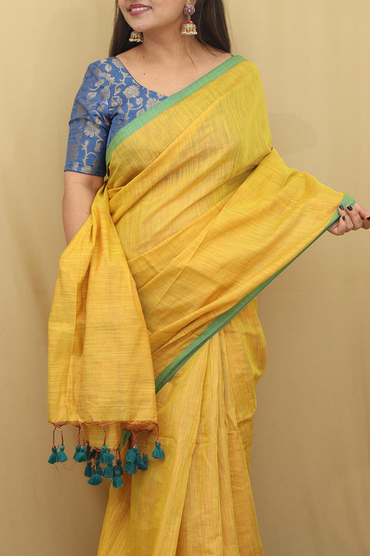 Yellow Bengal Plain Tissue Cotton Saree - Classic Elegance