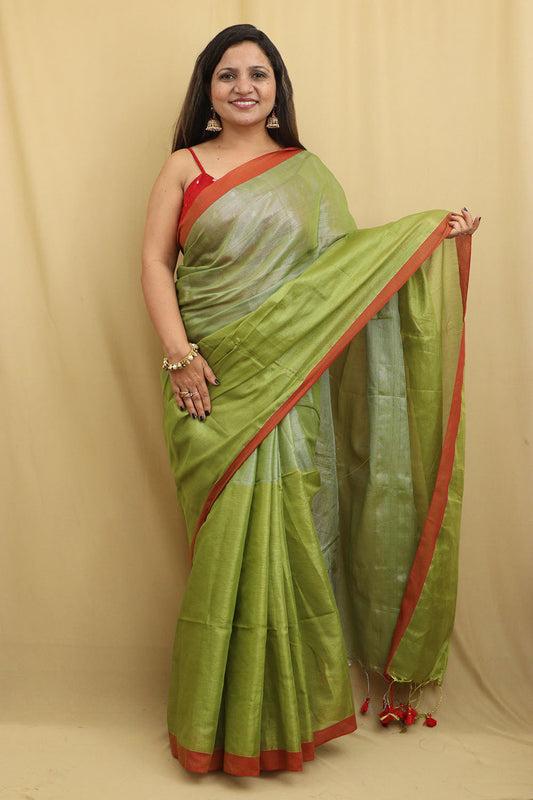 Green Bengal Plain Tissue Cotton Saree - Elegant Style