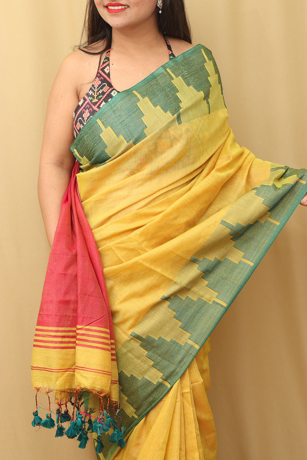 Yellow Bengal Tissue Saree with Temple Border