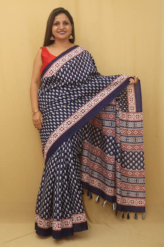 Blue Digital Printed Silk Saree