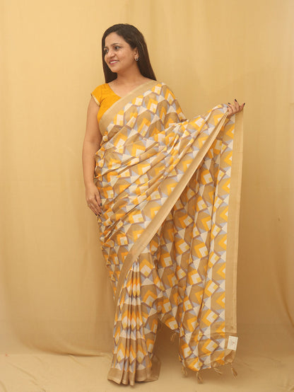 Yellow Digital Printed Silk Saree