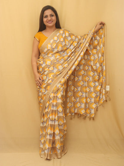 Yellow Digital Printed Silk Saree