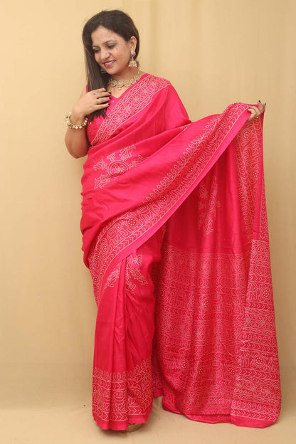 Stunning Pink Bandhani Silk Saree with Digital Print