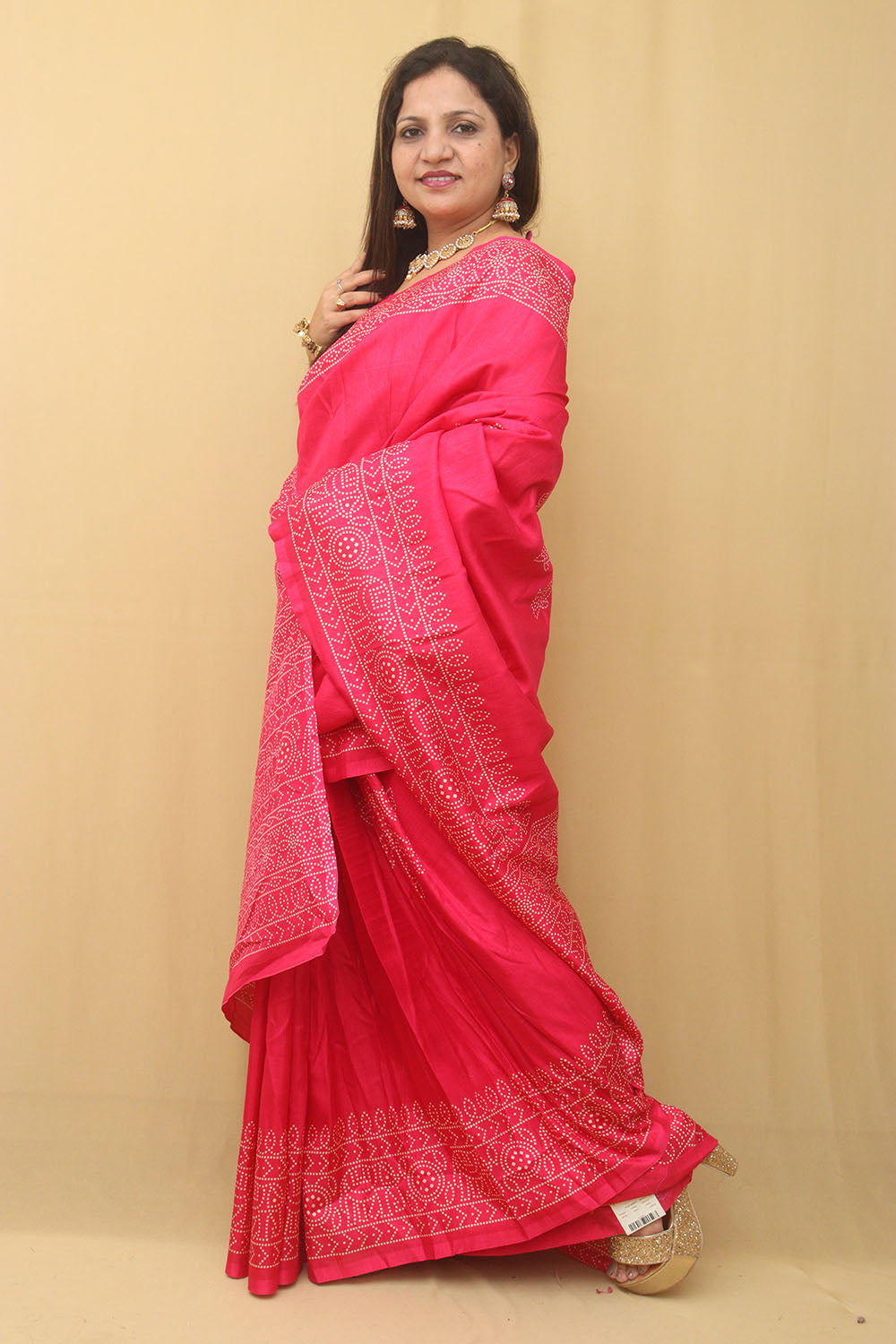 Stunning Pink Bandhani Silk Saree with Digital Print