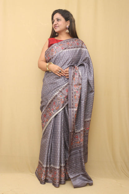 Elegant Grey Ikat Silk Saree with Kalamkari Border