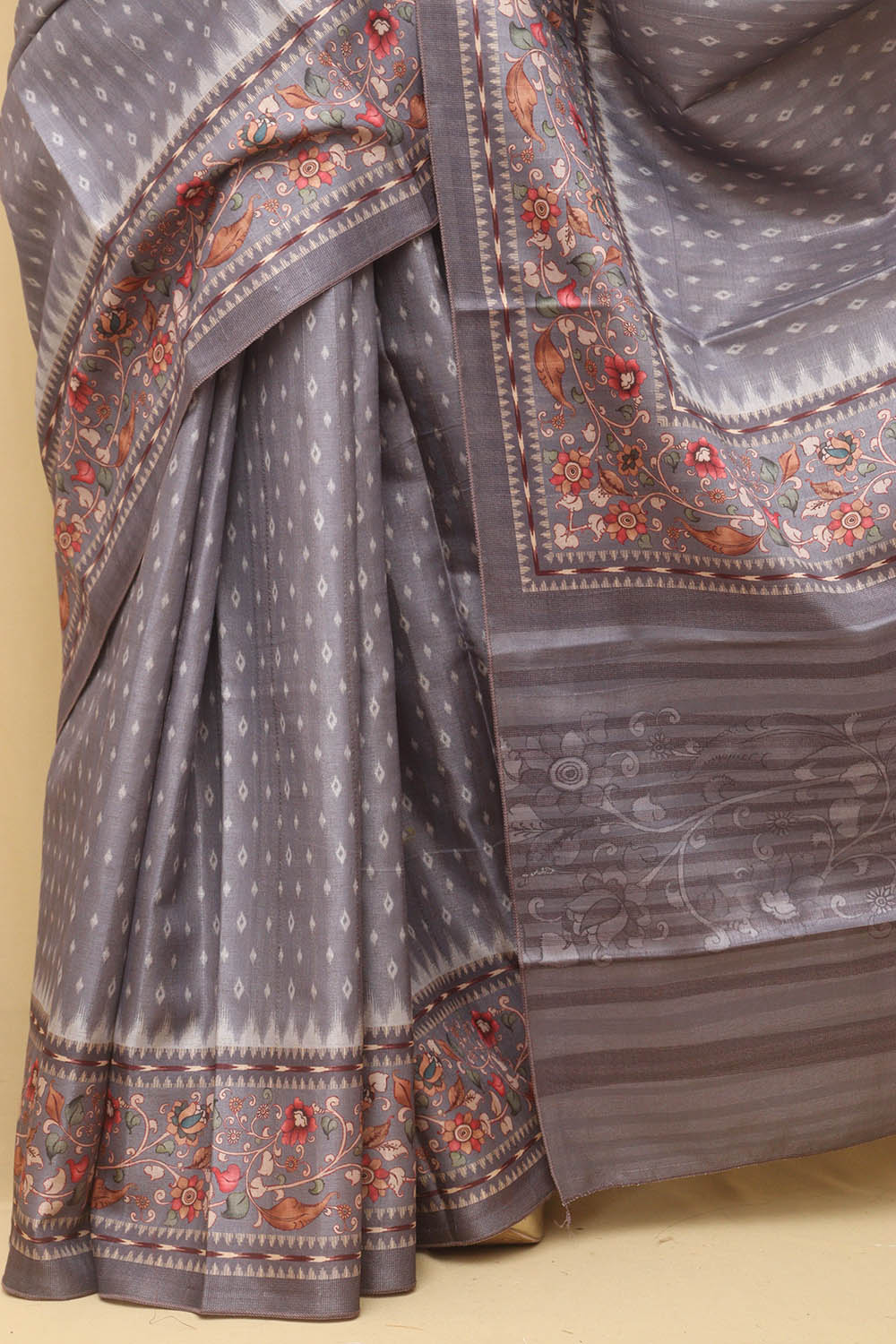 Elegant Grey Ikat Silk Saree with Kalamkari Border