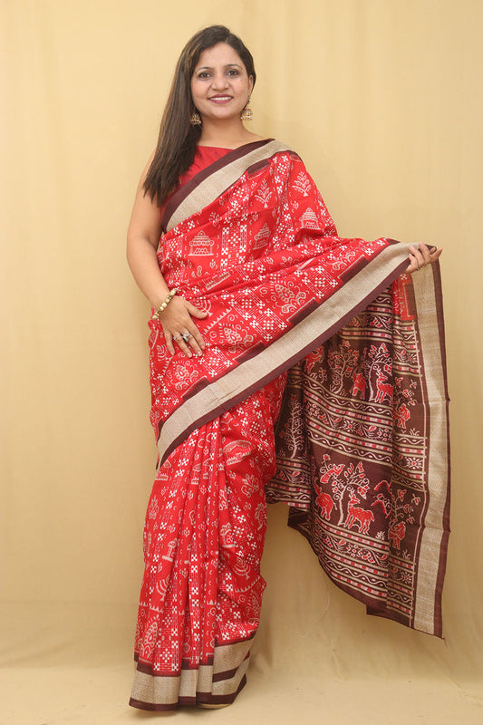 Vibrant Red Silk Sambalpuri Print Saree