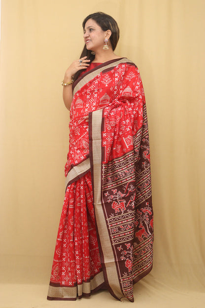 Vibrant Red Silk Sambalpuri Print Saree