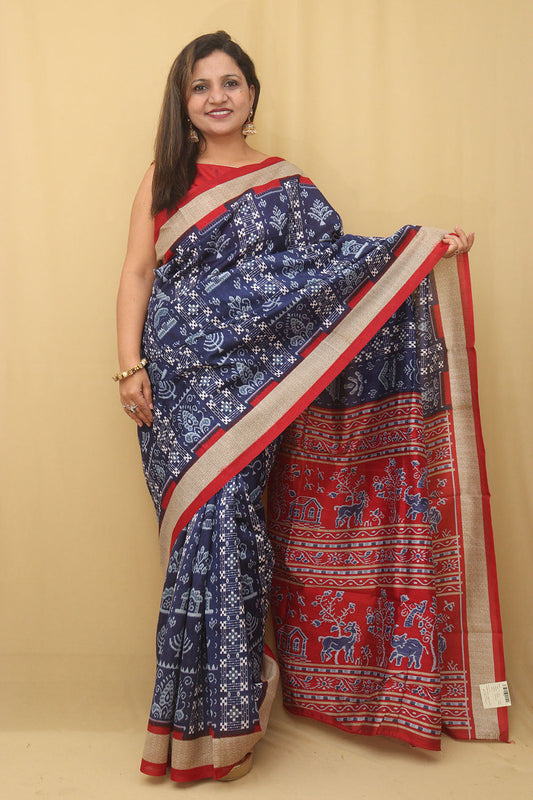 Stunning Blue Silk Sambalpuri Print Saree