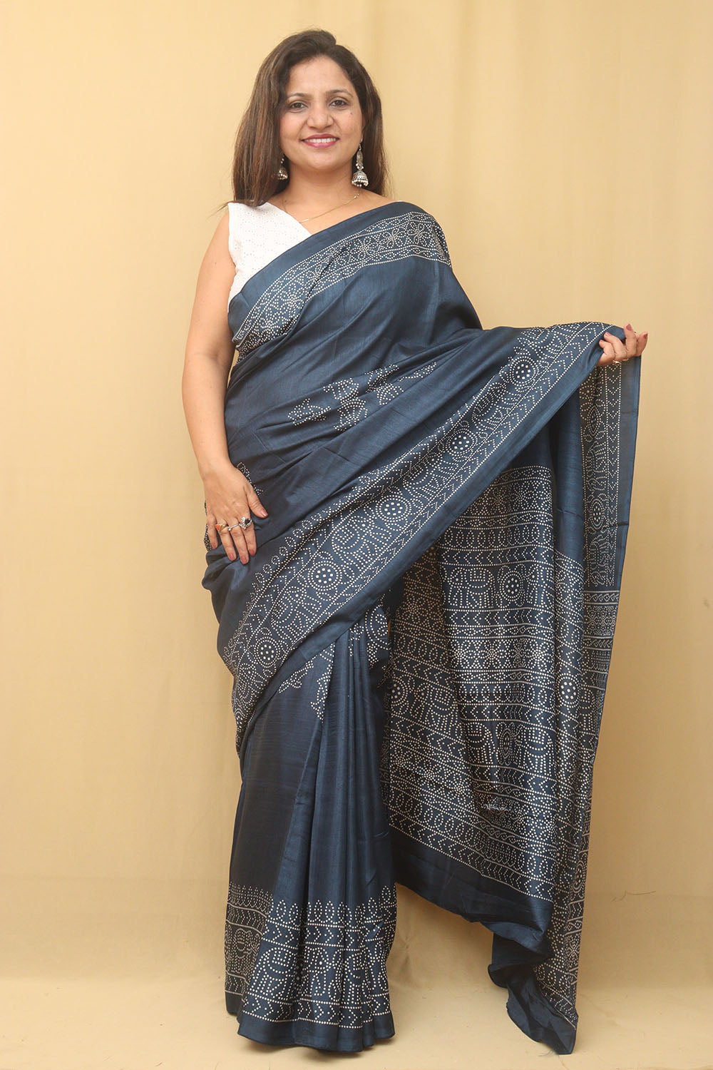 Blue Bandhani Silk Saree with Digital Print