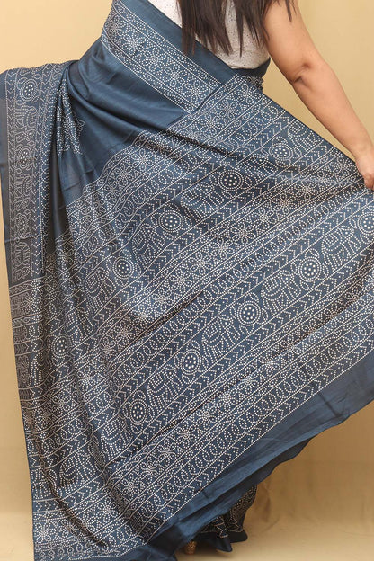 Blue Bandhani Silk Saree with Digital Print